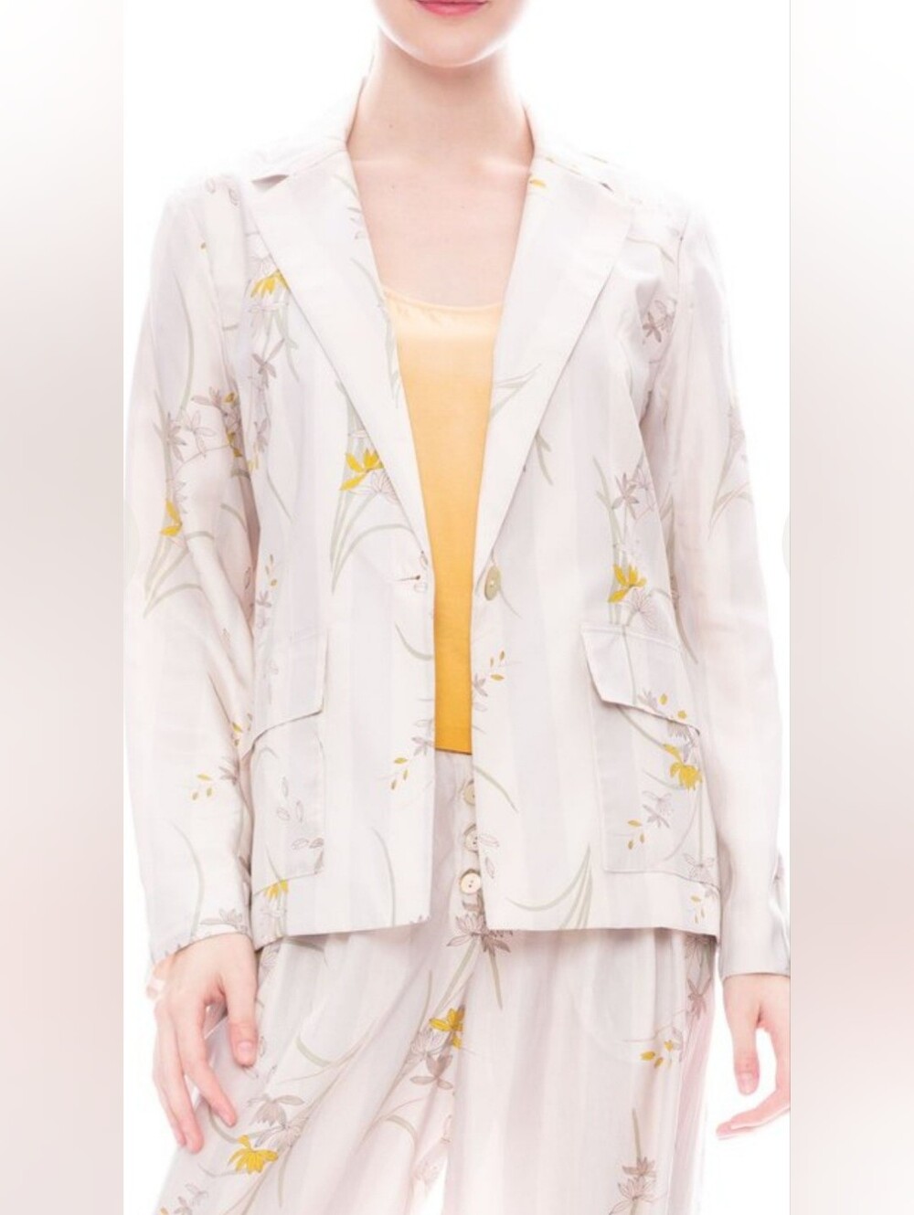 Raquel Allegra Floral Stripe Kimono Silk Cargo Blazer